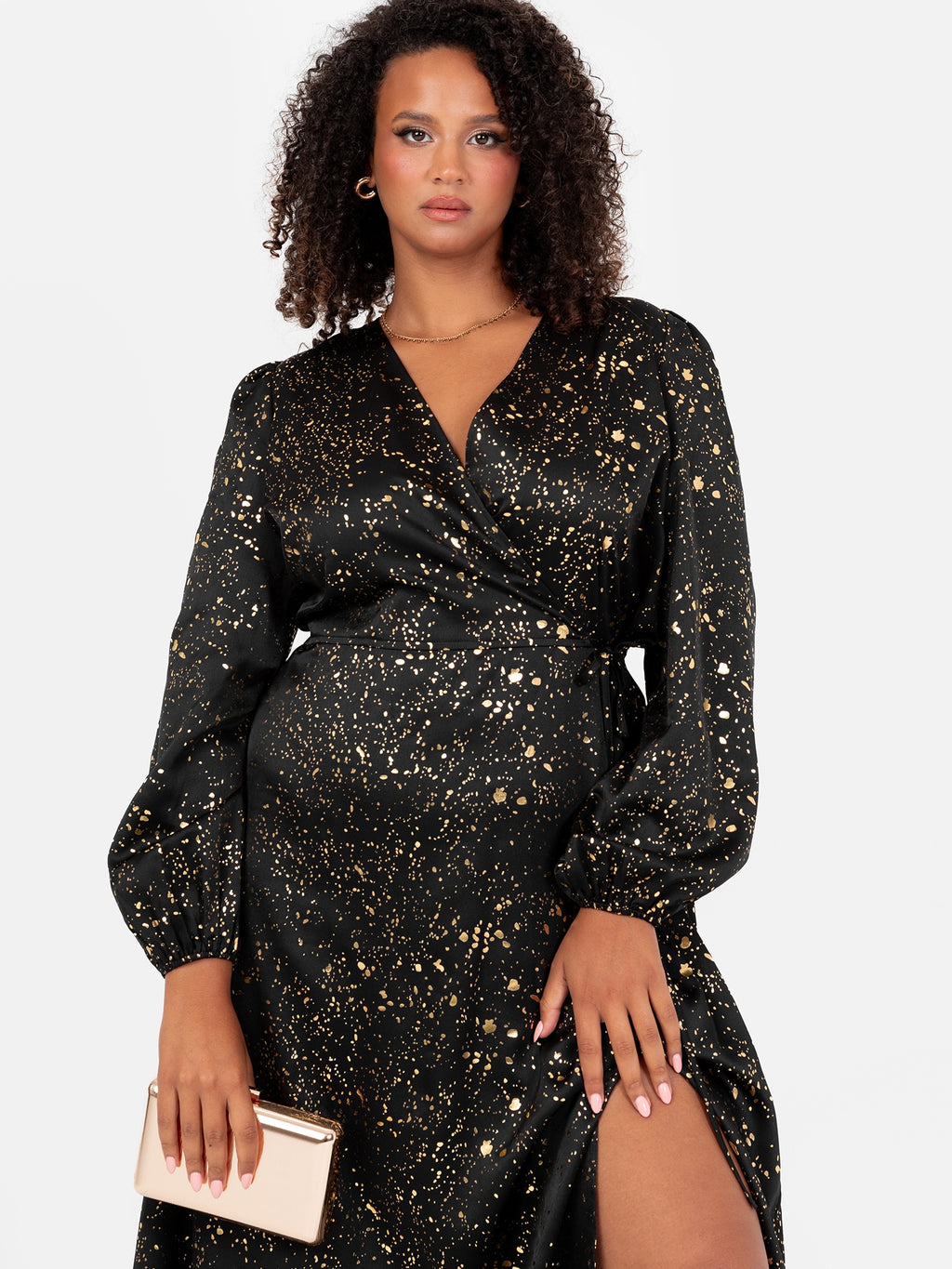 Lovedrobe Black Faux Wrap Midi Dress with Gold Detail