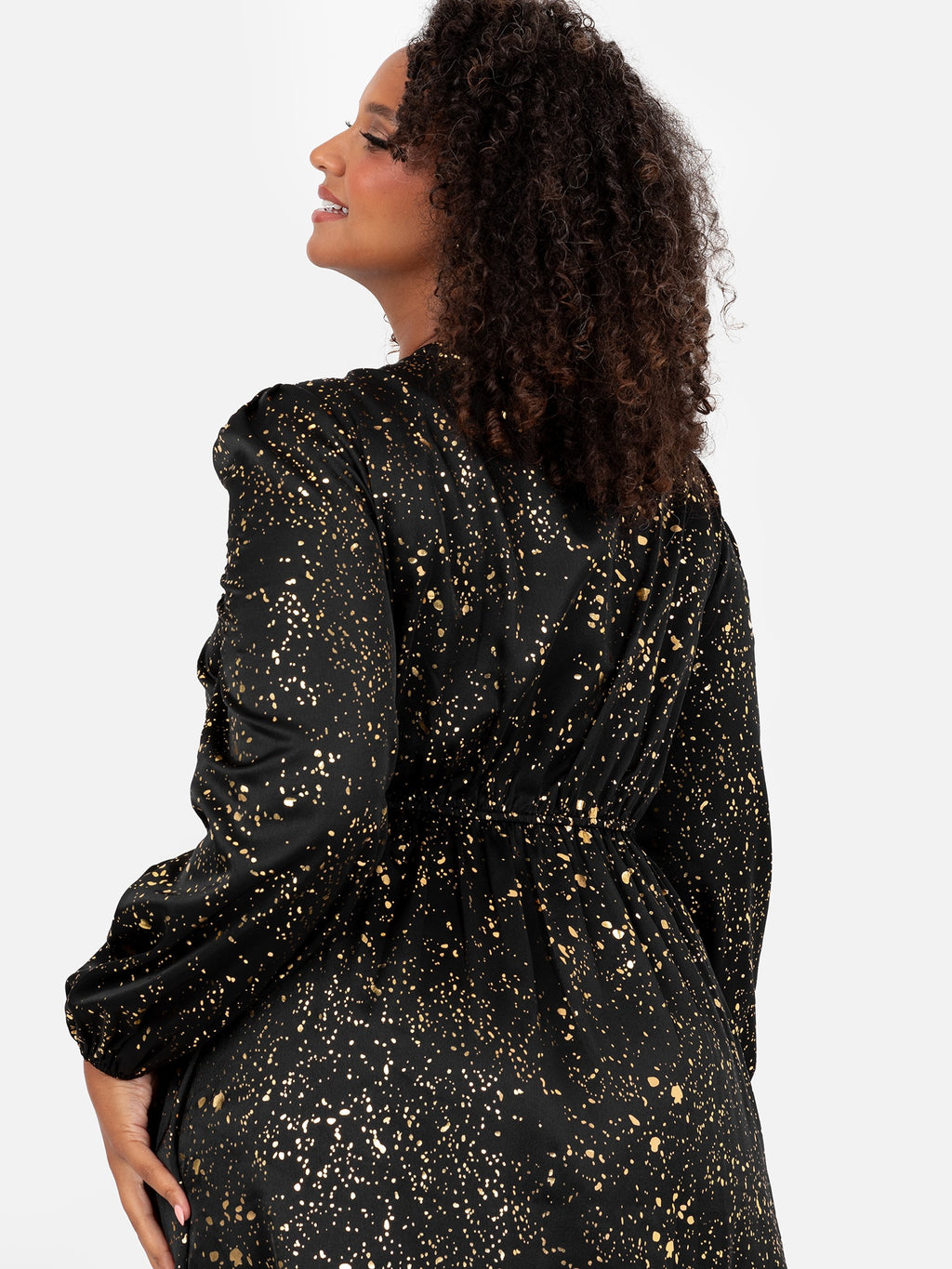 Lovedrobe Black Faux Wrap Midi Dress with Gold Detail