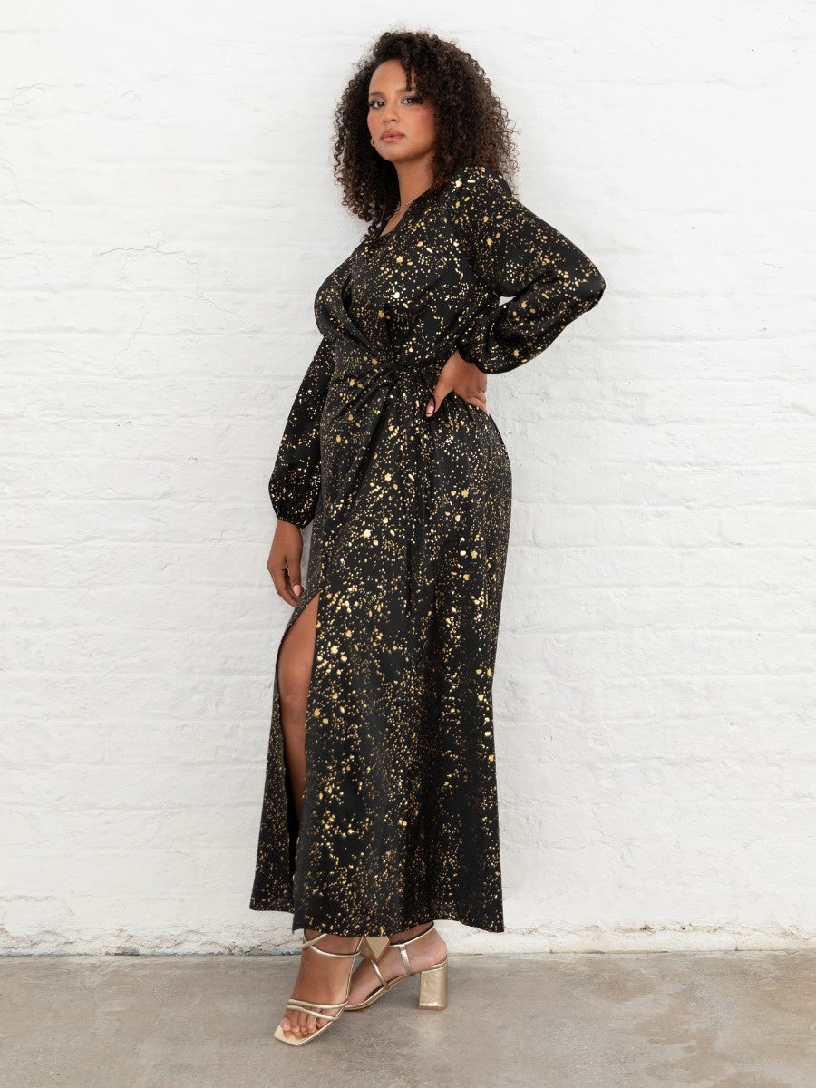 Lovedrobe Black Faux Wrap Midi Dress with Gold Detail