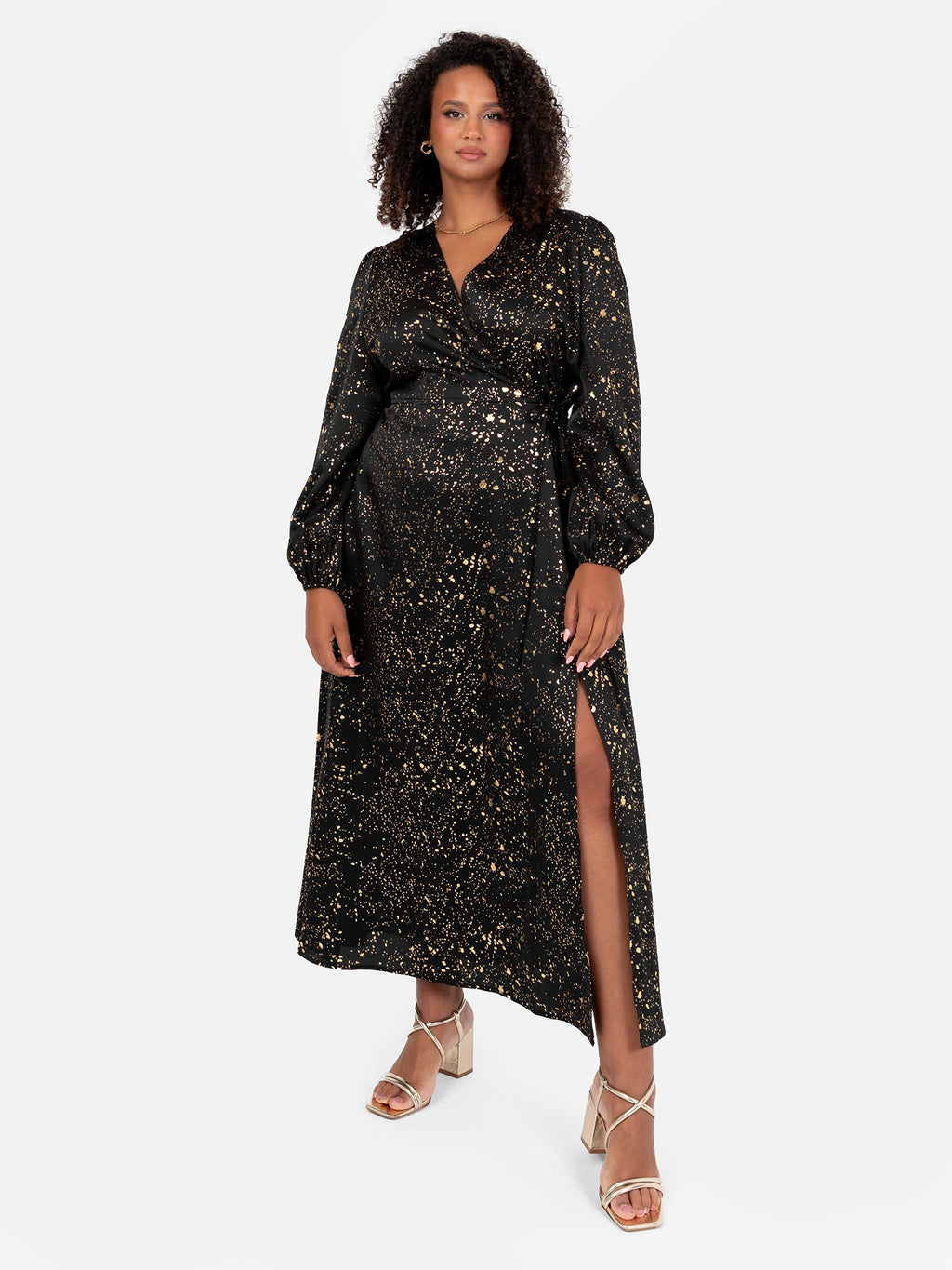 Lovedrobe Black Faux Wrap Midi Dress with Gold Detail