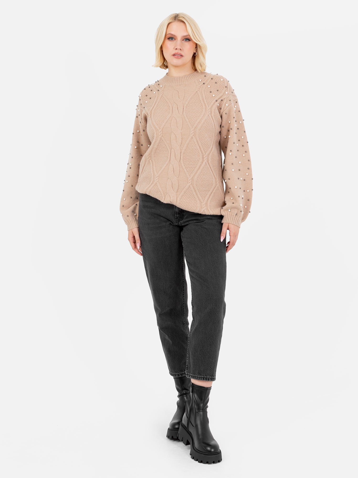 Lovedrobe Camel Cable Knit Maxiline Jumper with Pearl Embellishment