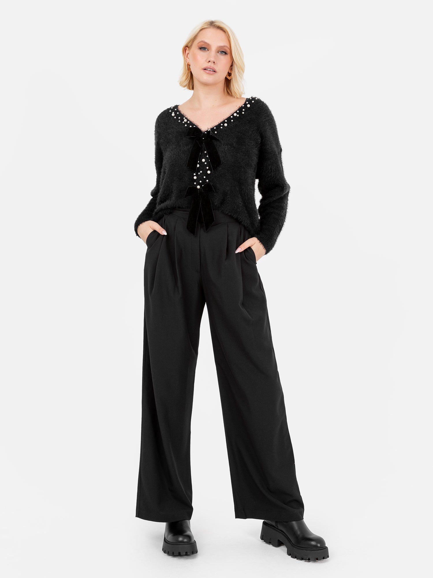 Lovedrobe Black Cardigan with Peral Trim & Velvet Bow Fastening