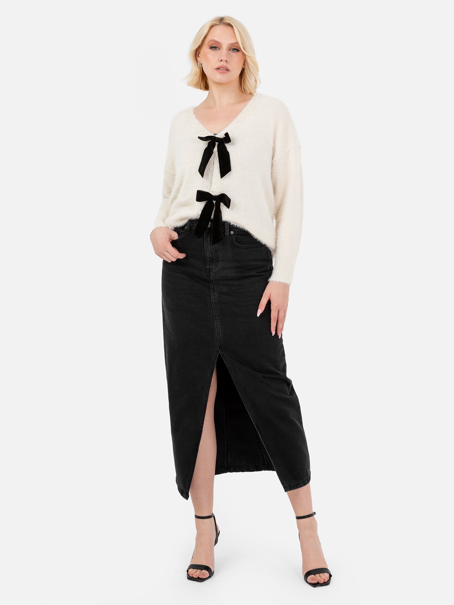 Lovedrobe Cream Cardigan with Peral Trim & Velvet Bow Fastening