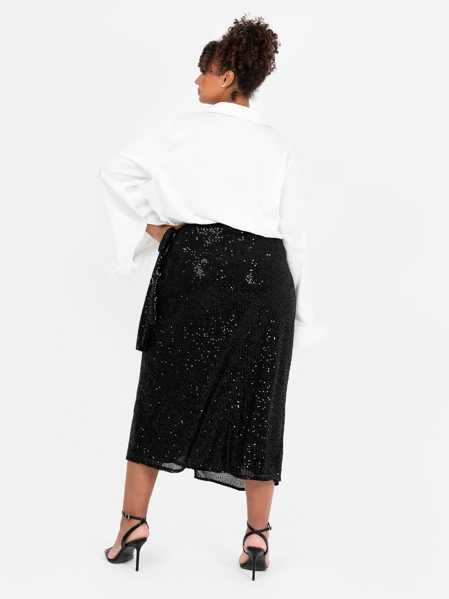 Lovedrobe Black Sequin Midi Wrap Skirt