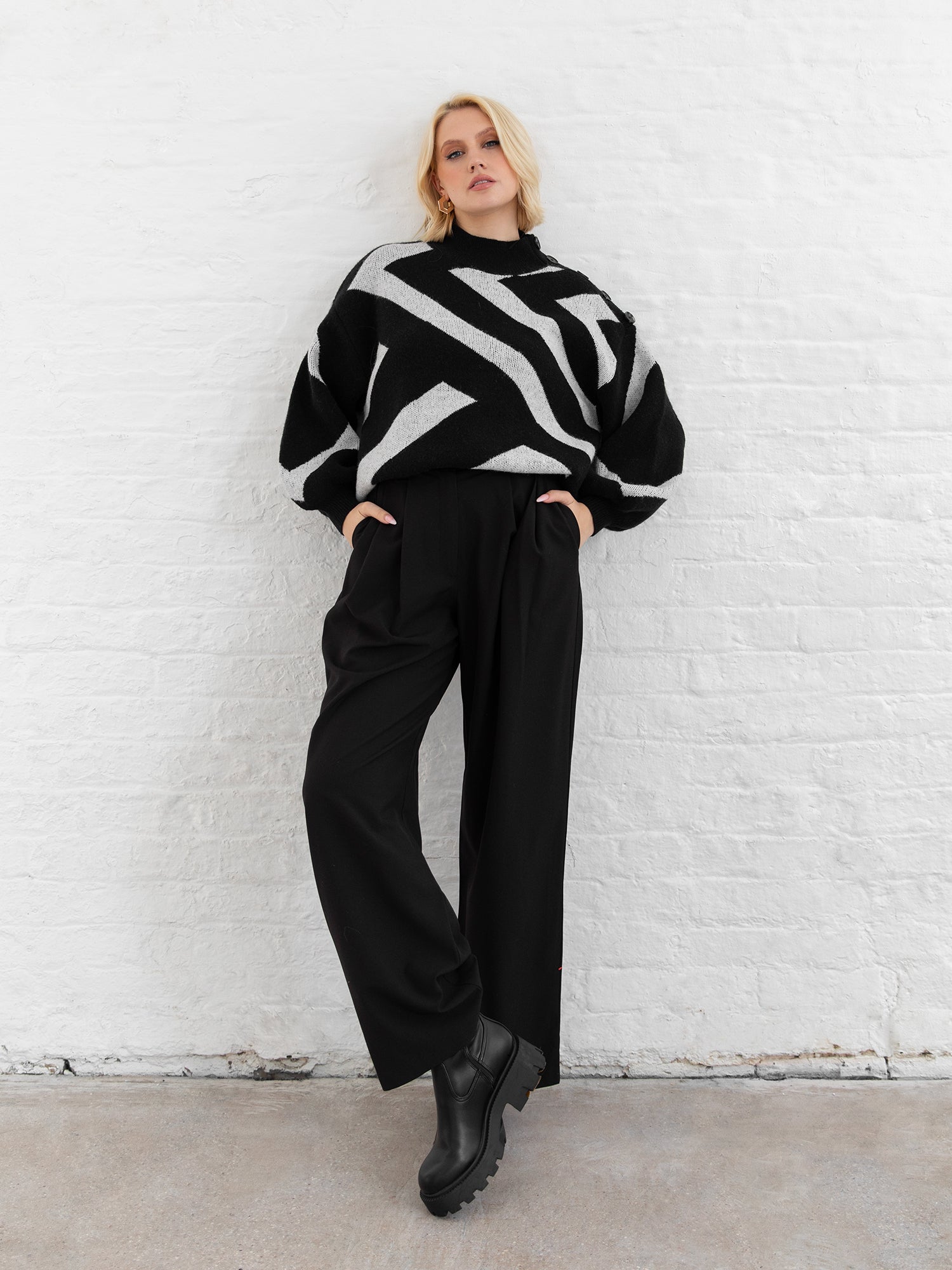 Lovedrobe Monochrome Geometric High Neck Jumper with Button Detail