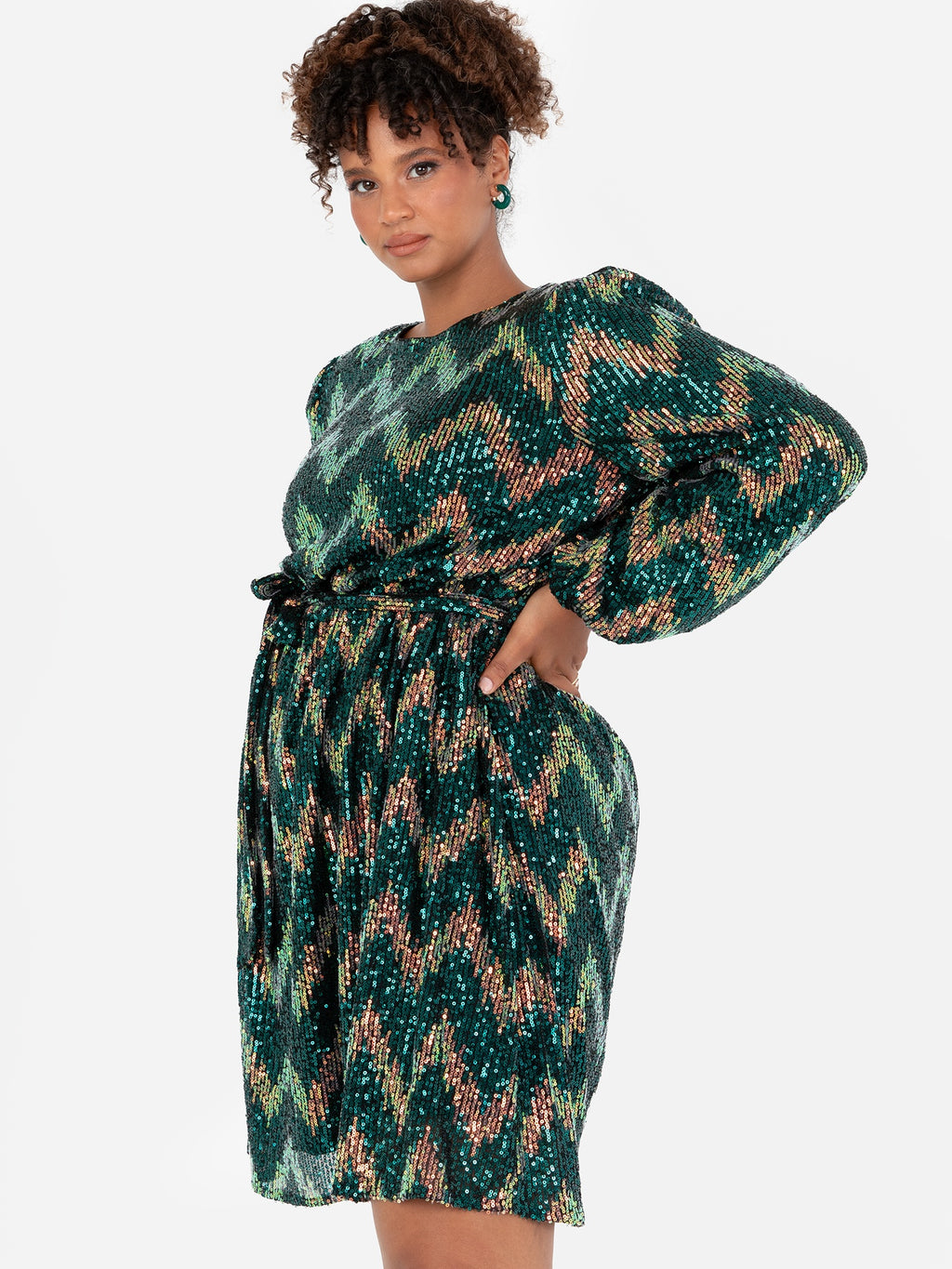 Lovedrobe Luxe Zig-Zag Sequin Maxi Sleeve Belted Mini Dress