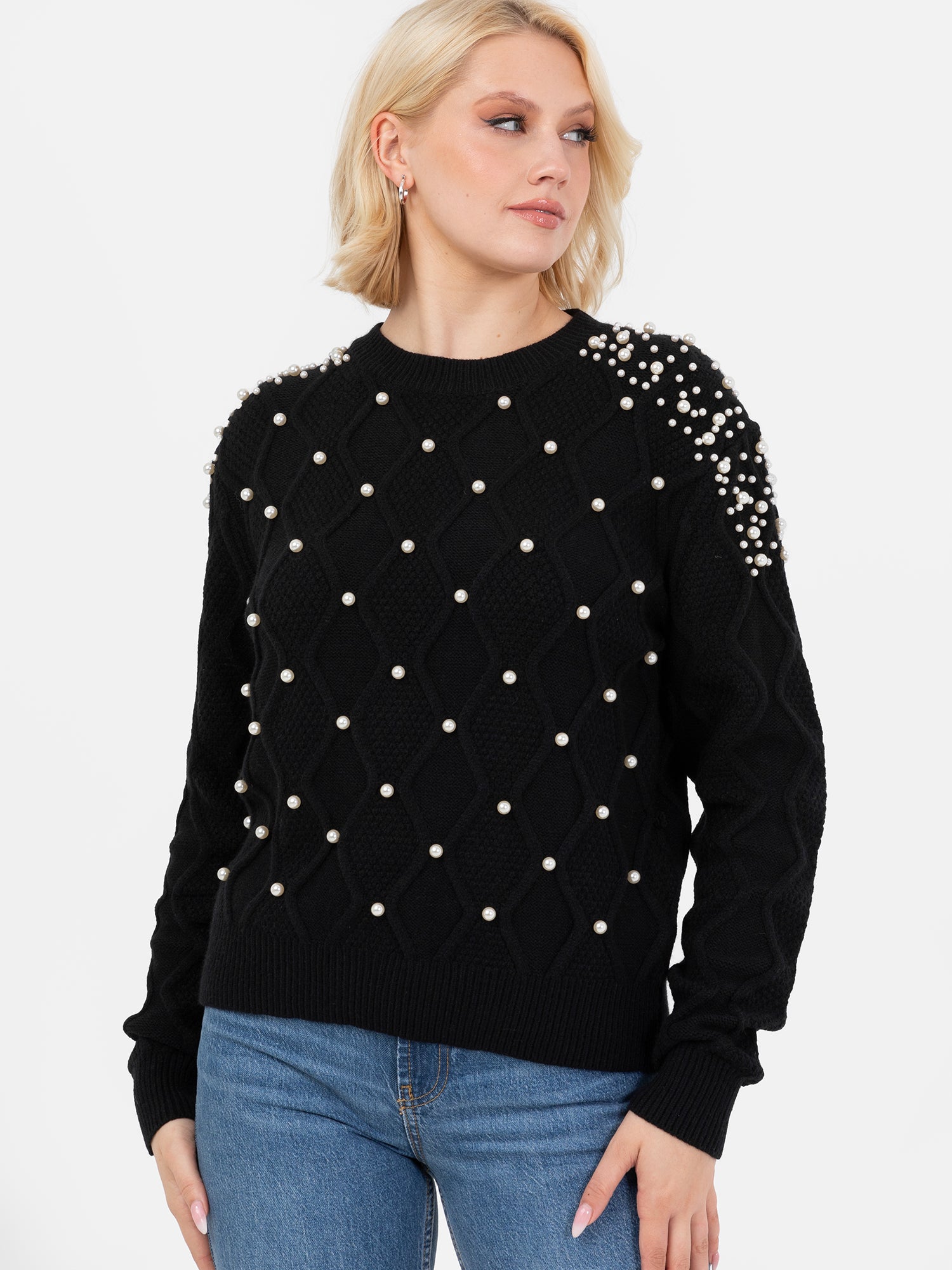 Lovedrobe Pearl Embellished Black Cable Knit Jumper