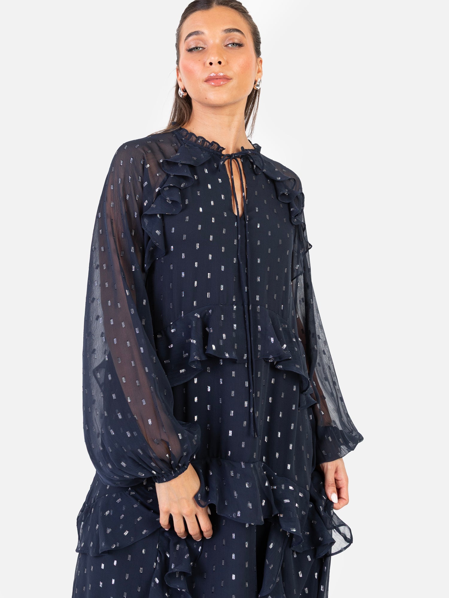 Anaya With Love Recycled Navy Foil Chiffon Ruffled Maxi Dress