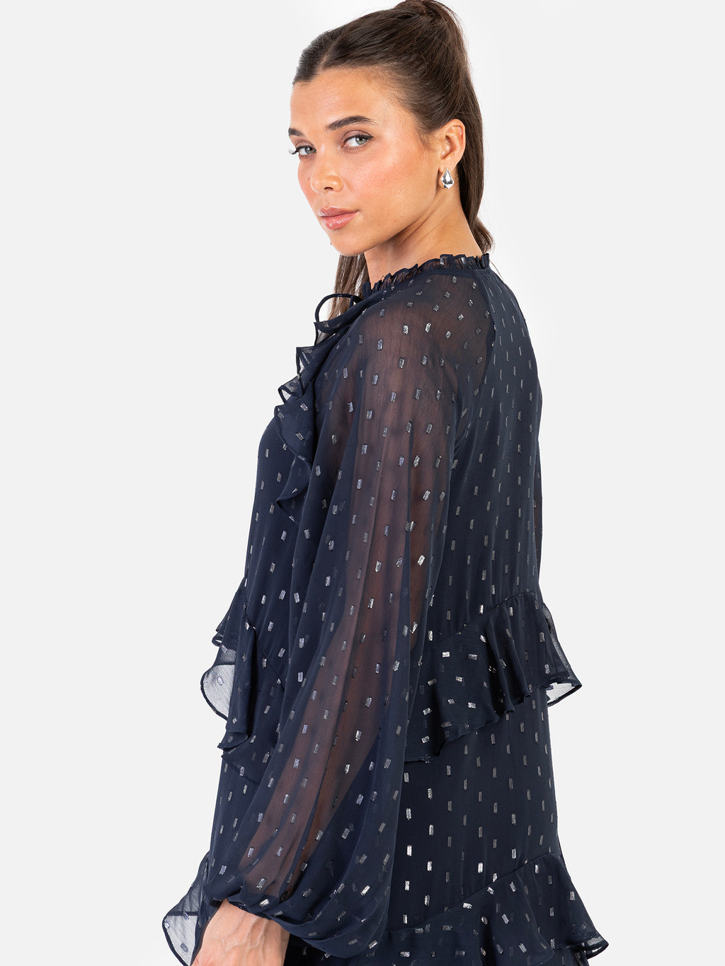 Anaya With Love Recycled Navy Foil Chiffon Ruffled Maxi Dress