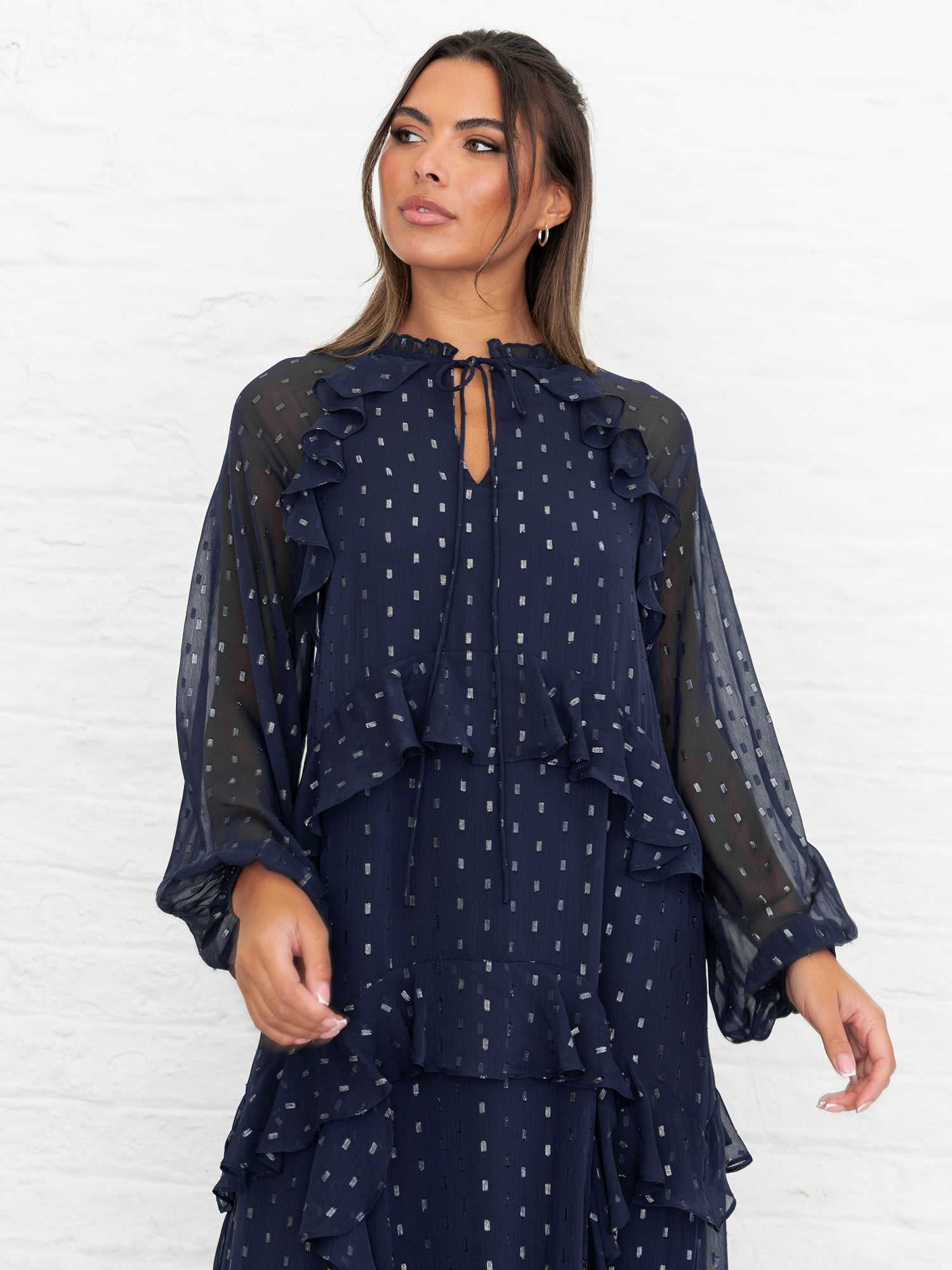 Anaya With Love Recycled Navy Foil Chiffon Ruffled Maxi Dress