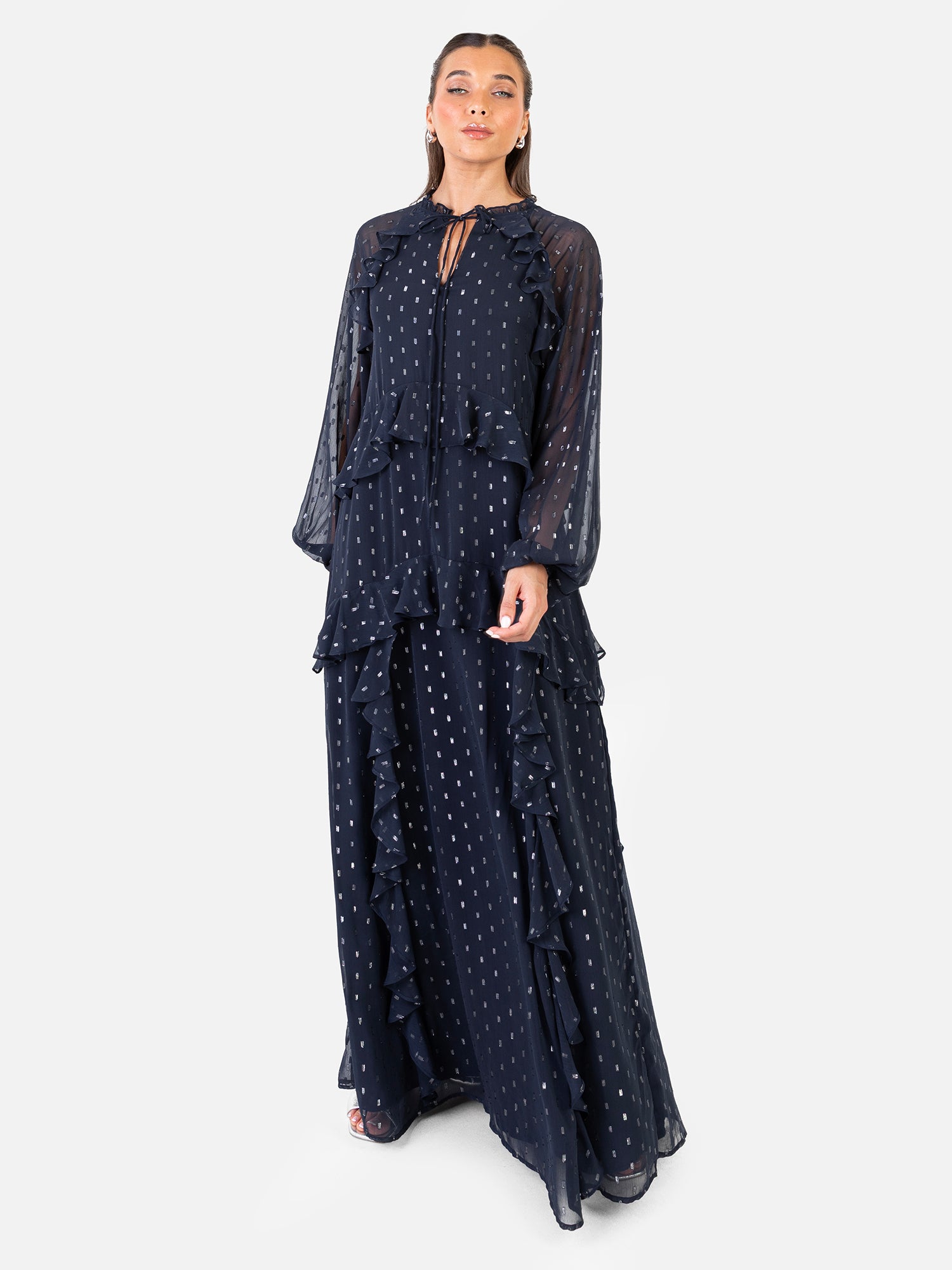 Anaya With Love Recycled Navy Foil Chiffon Ruffled Maxi Dress