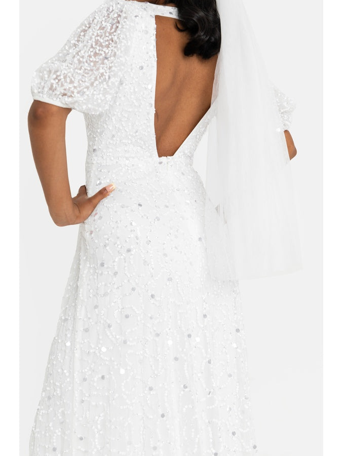 Maya Bridal Embellished V Neck Maxi Dress with Keyhole Back & Train
