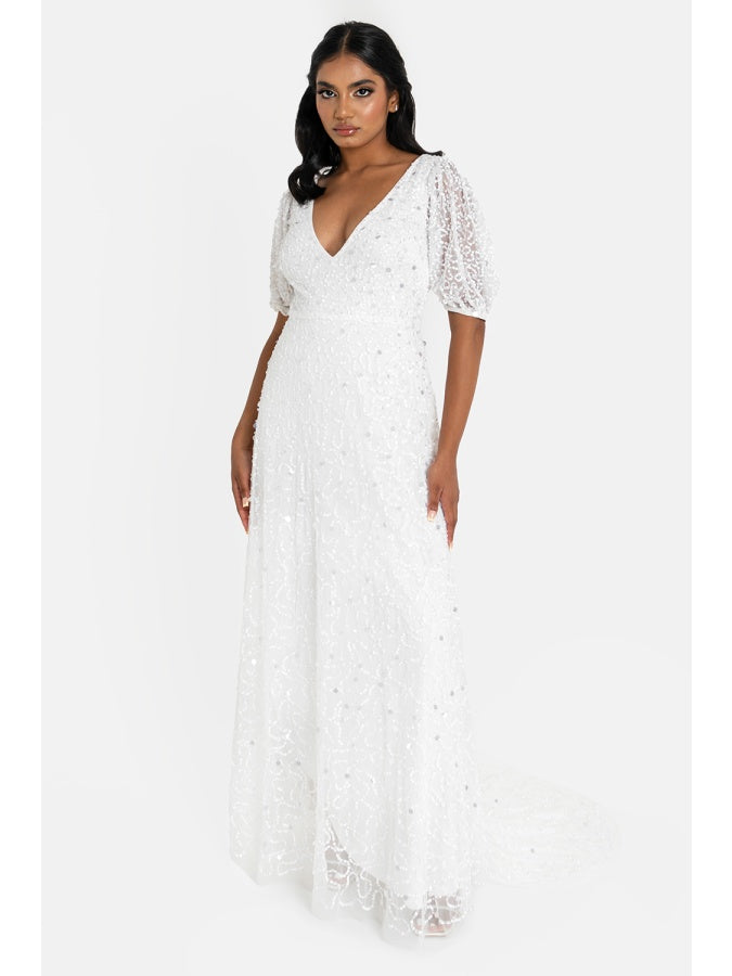 Maya Bridal Embellished V Neck Maxi Dress with Keyhole Back & Train