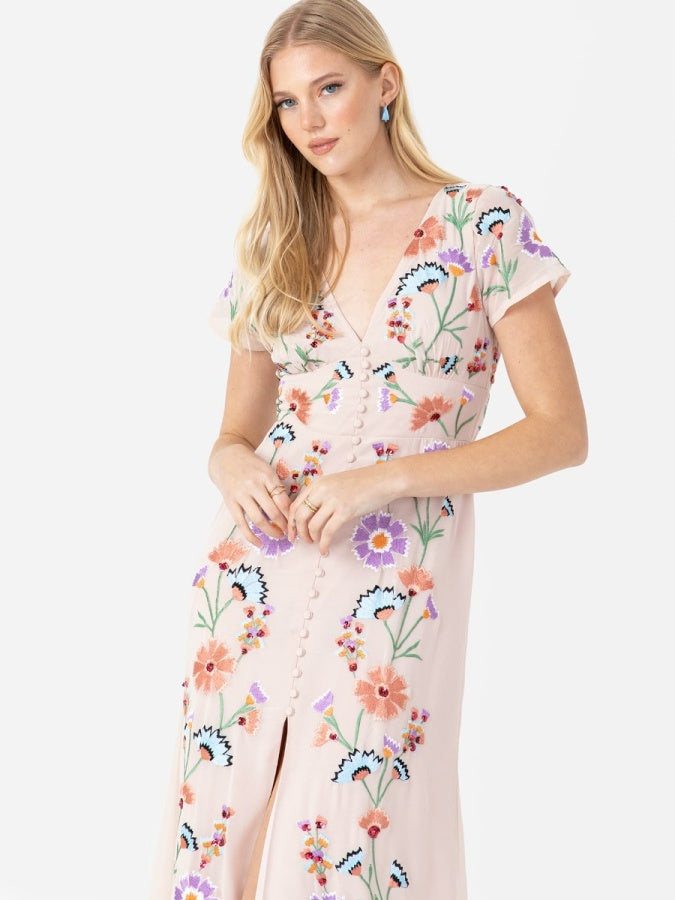Maya Floral Embroidery & Faux Button Front Maxi Dress