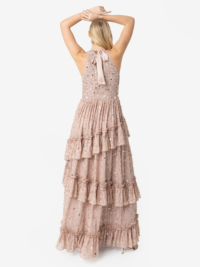Maya Taupe Blush Fully Embellished Halter Neck Maxi Dress