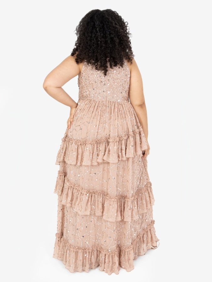 Maya Taupe Blush Fully Embellished Halter Neck Maxi Dress