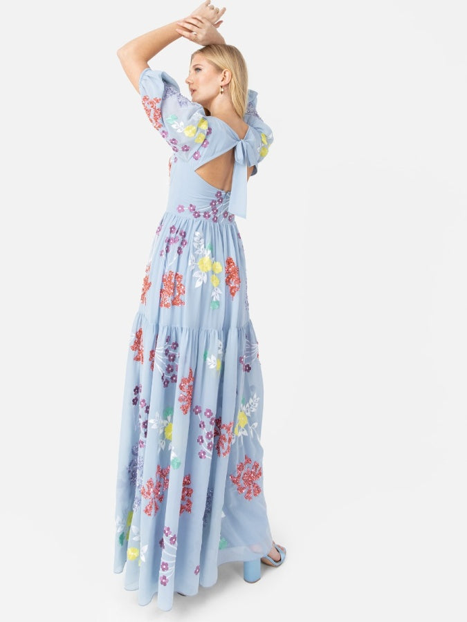 Maya Blue Keyhole Back Floral Maxi Dress with Thigh Split
