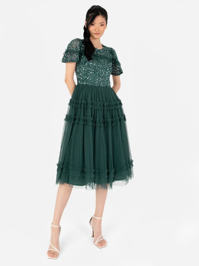 Maya Emerald Green Embellished Short Sleeve Midi Dress