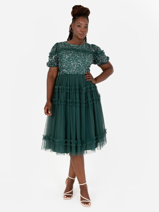 Maya Emerald Green Embellished Short Sleeve Midi Dress