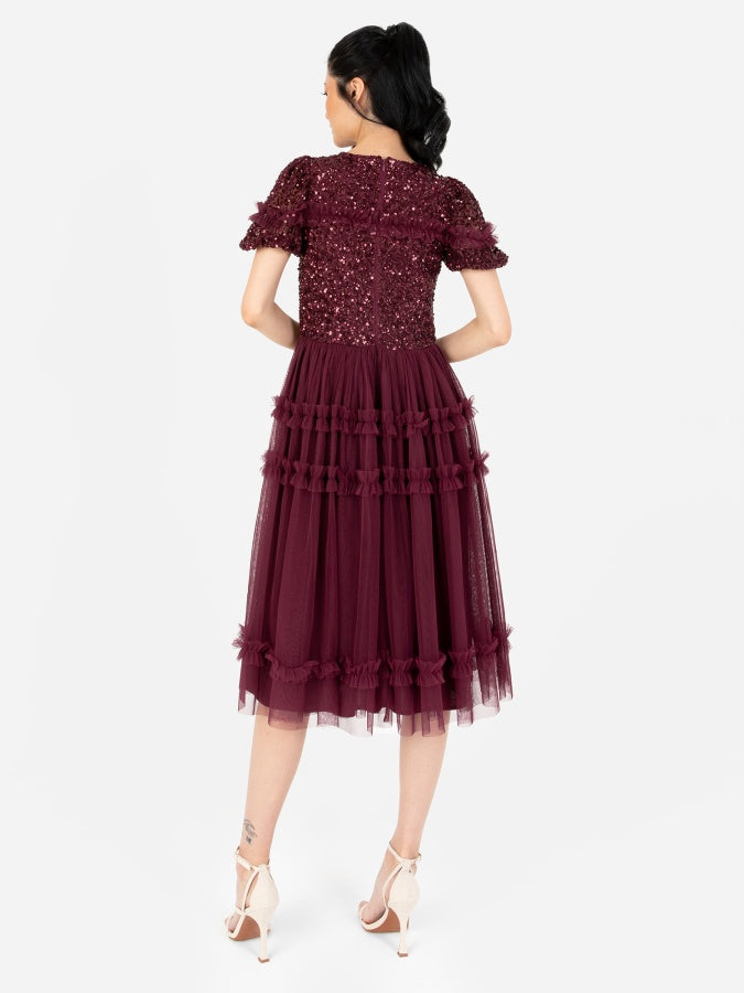 Maya Red Embellished Short Sleeve Midi Dress
