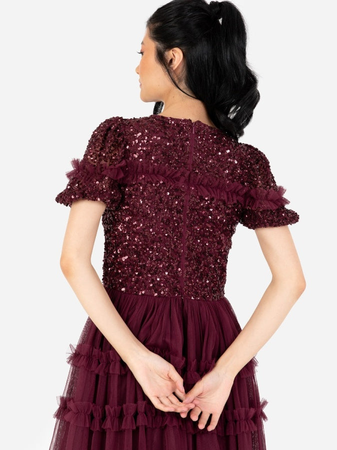 Maya Red Embellished Short Sleeve Midi Dress