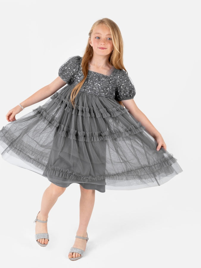 Mini Maya Charcoal Square Neck Embellished Midi Dress