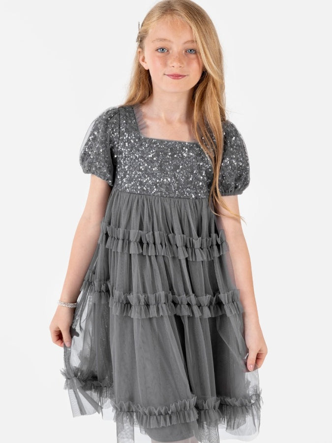 Mini Maya Charcoal Square Neck Embellished Midi Dress