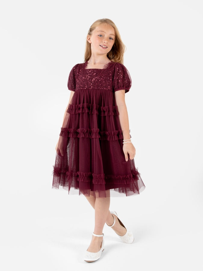 Mini Maya Red Square Neck Embellished Midi Dress
