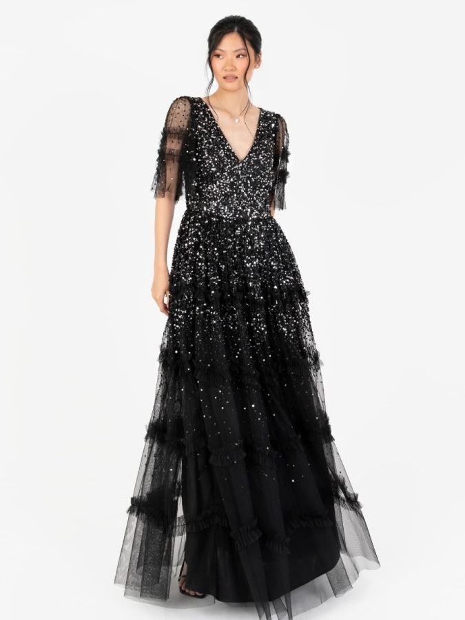 Maya Black Fully Embellished Short Sleeve Maxi Dress