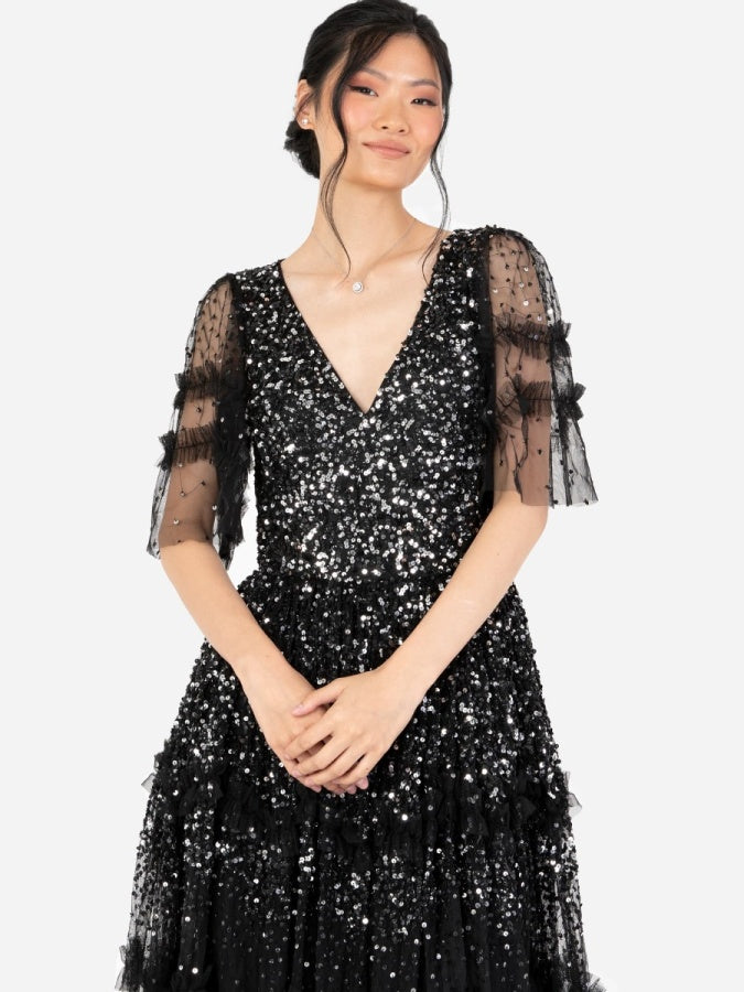 Maya Black Fully Embellished Short Sleeve Maxi Dress