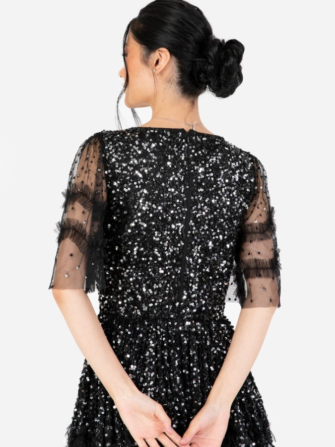 Maya Black Fully Embellished Short Sleeve Maxi Dress