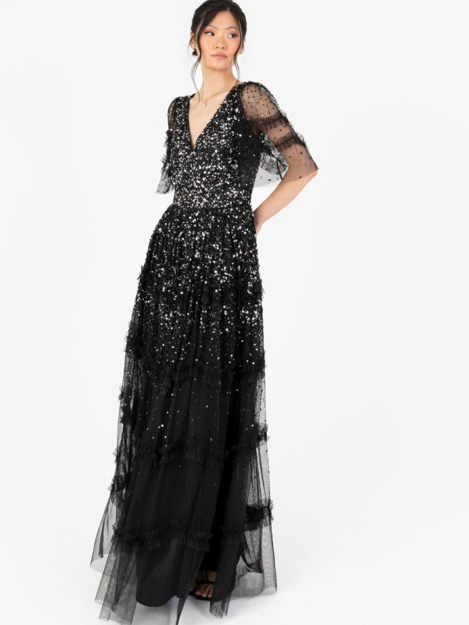 Maya Black Fully Embellished Short Sleeve Maxi Dress