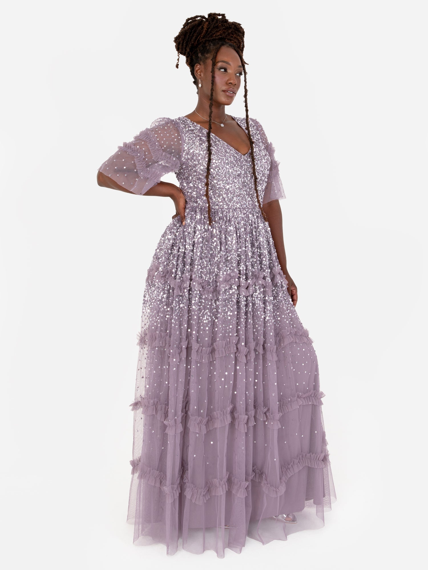 Maya Moody Lilac Fully Embellished Short Sleeve Maxi Dress