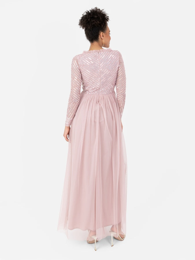 Maya Frosted Pink Stripe Embellished Faux Wrap Bodice Maxi Dress