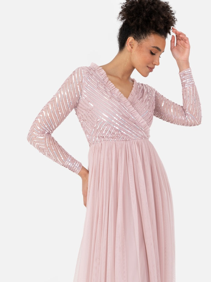 Maya Frosted Pink Stripe Embellished Faux Wrap Bodice Maxi Dress