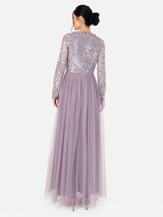 Maya Moody Lilac Stripe Embellished Faux Wrap Bodice Maxi Dress