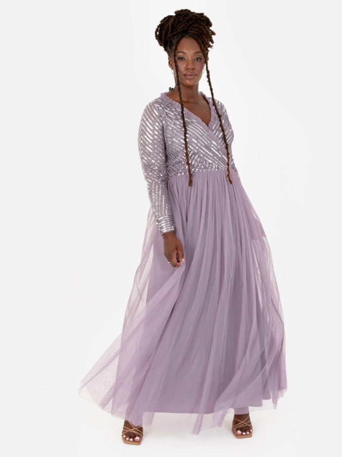 Maya Moody Lilac Stripe Embellished Faux Wrap Bodice Maxi Dress