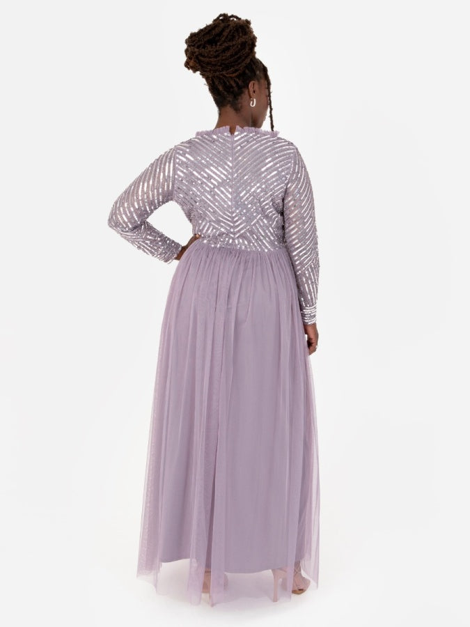 Maya Moody Lilac Stripe Embellished Faux Wrap Bodice Maxi Dress