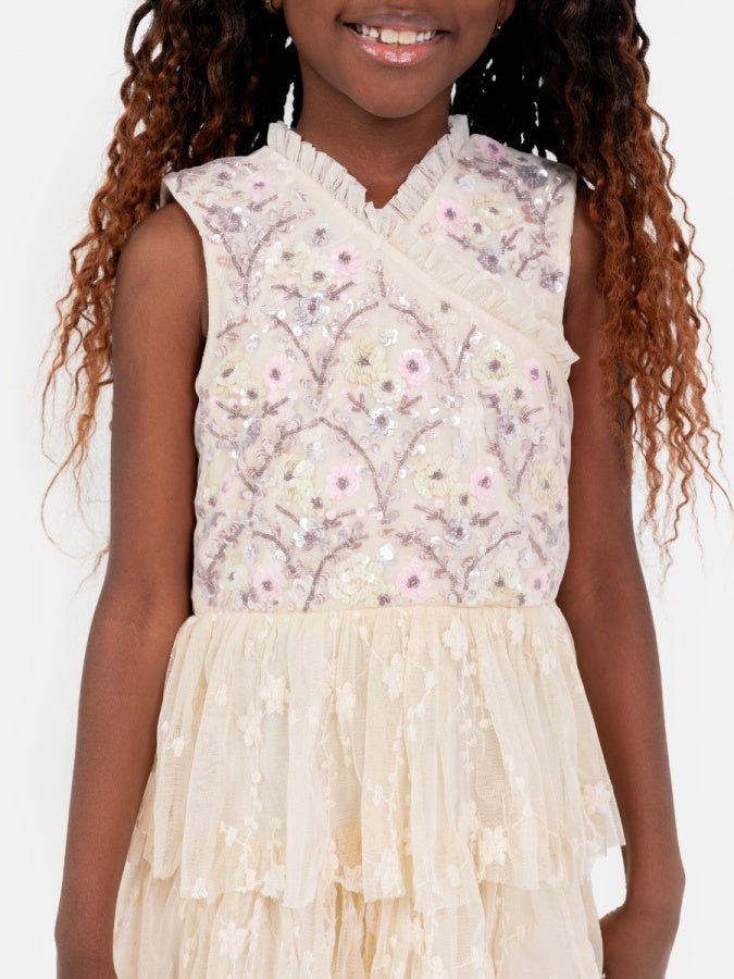 Mini Maya Floral Embellished Tiered Midi Dress with Embroidered Tulle Detail
