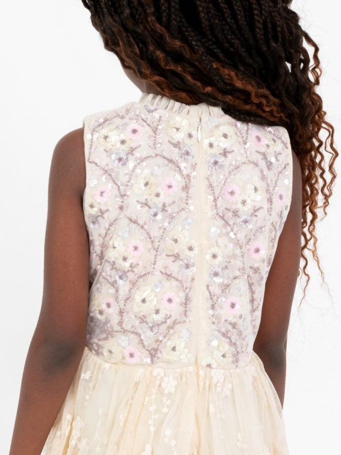 Mini Maya Floral Embellished Tiered Midi Dress with Embroidered Tulle Detail