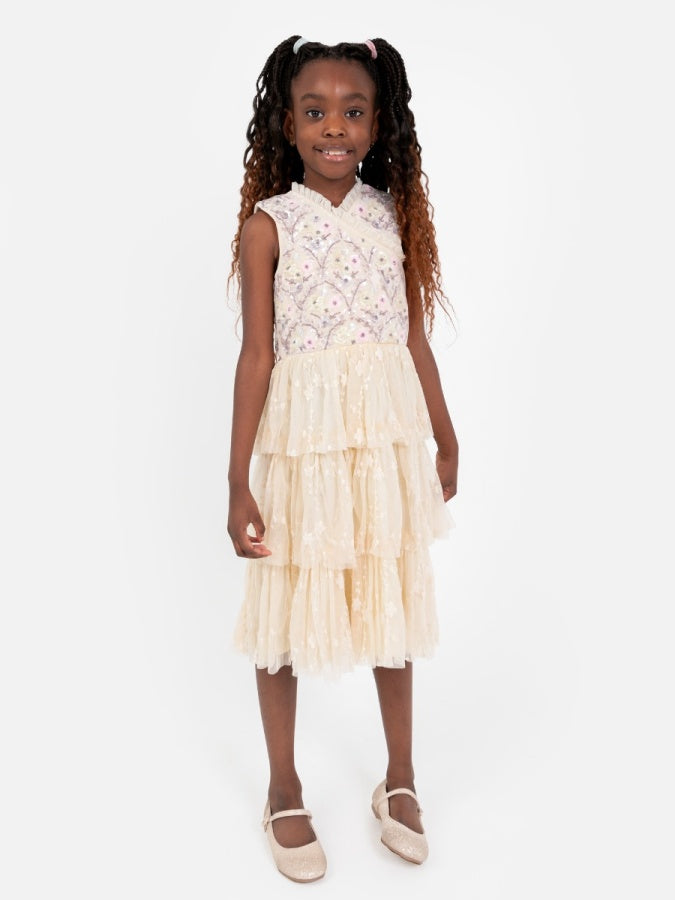 Mini Maya Floral Embellished Tiered Midi Dress with Embroidered Tulle Detail