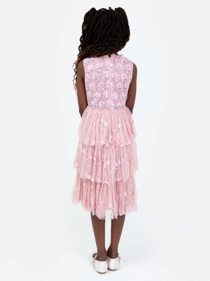 Mini Maya Pink Floral Embellished Tiered Midi Dress with Embroidered Tulle Detail