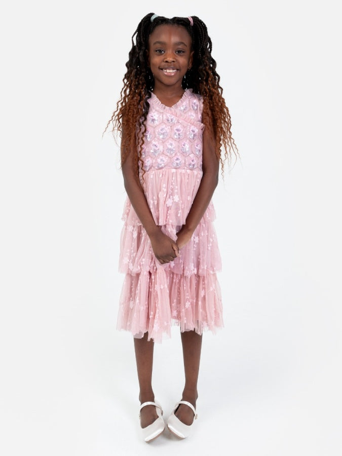 Mini Maya Pink Floral Embellished Tiered Midi Dress with Embroidered Tulle Detail