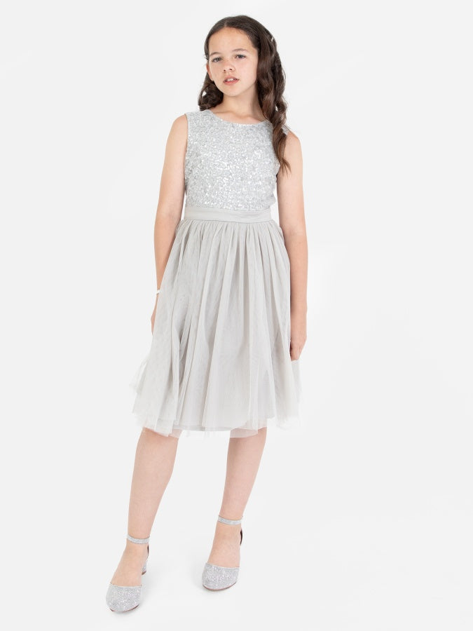 Mini Maya Soft Grey Delicate Sequin Midi Dress With Bow