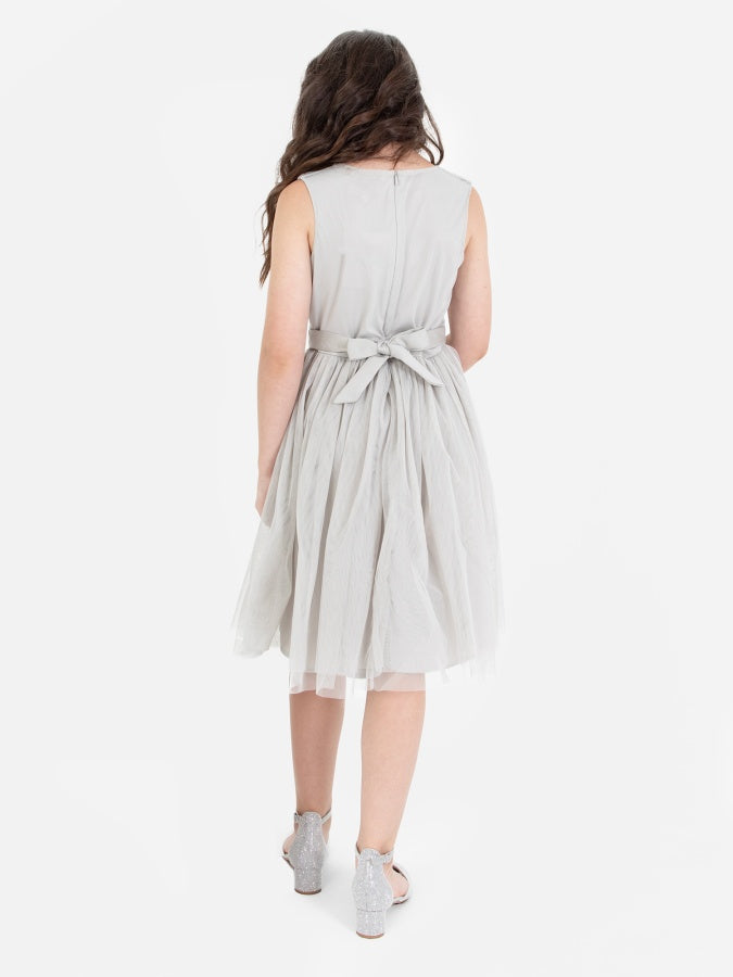 Mini Maya Soft Grey Delicate Sequin Midi Dress With Bow