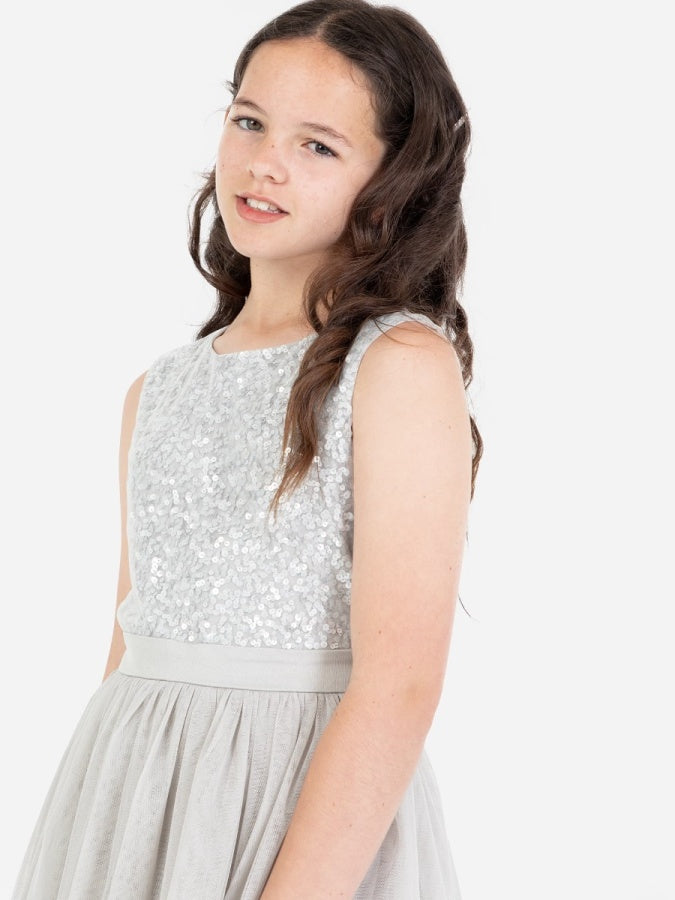 Mini Maya Soft Grey Delicate Sequin Midi Dress With Bow