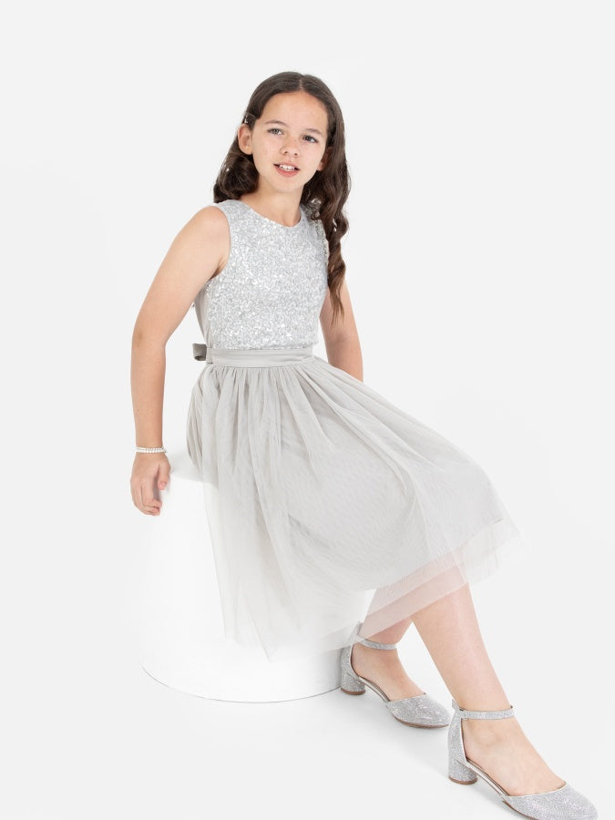 Mini Maya Soft Grey Delicate Sequin Midi Dress With Bow