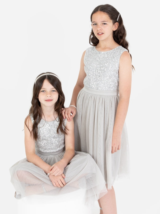 Mini Maya Soft Grey Delicate Sequin Midi Dress With Bow