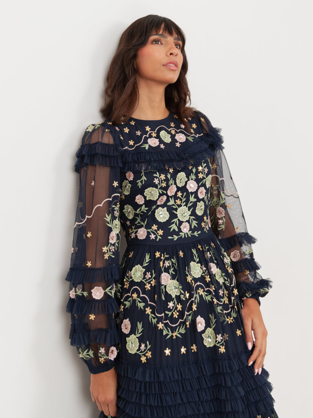 Maya Navy Floral Embroidered Maxi Sleeve Maxi Dress with Frill & Sequin Detail