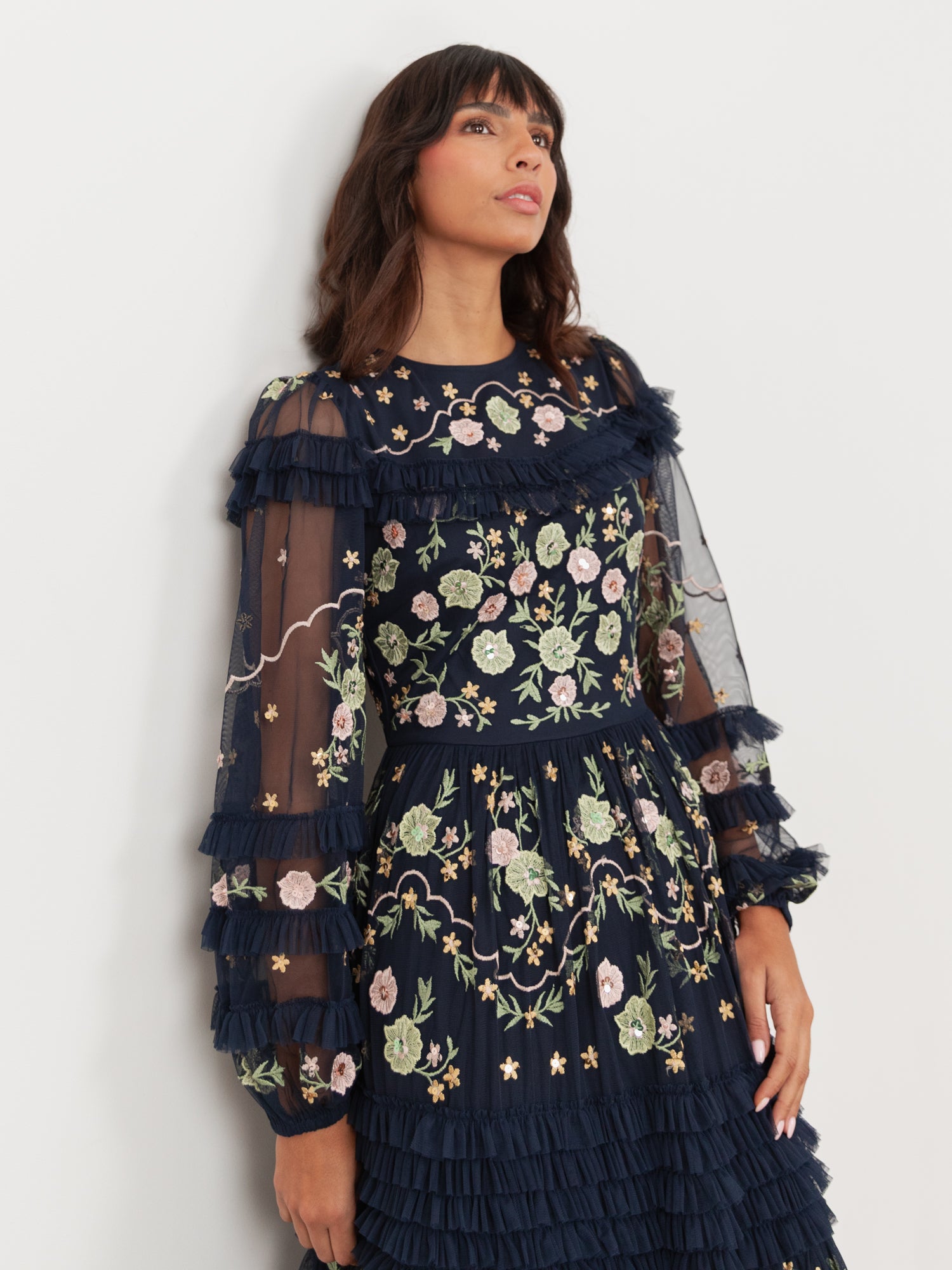 Maya Navy Floral Embroidered Maxi Sleeve Maxi Dress with Frill & Sequin Detail